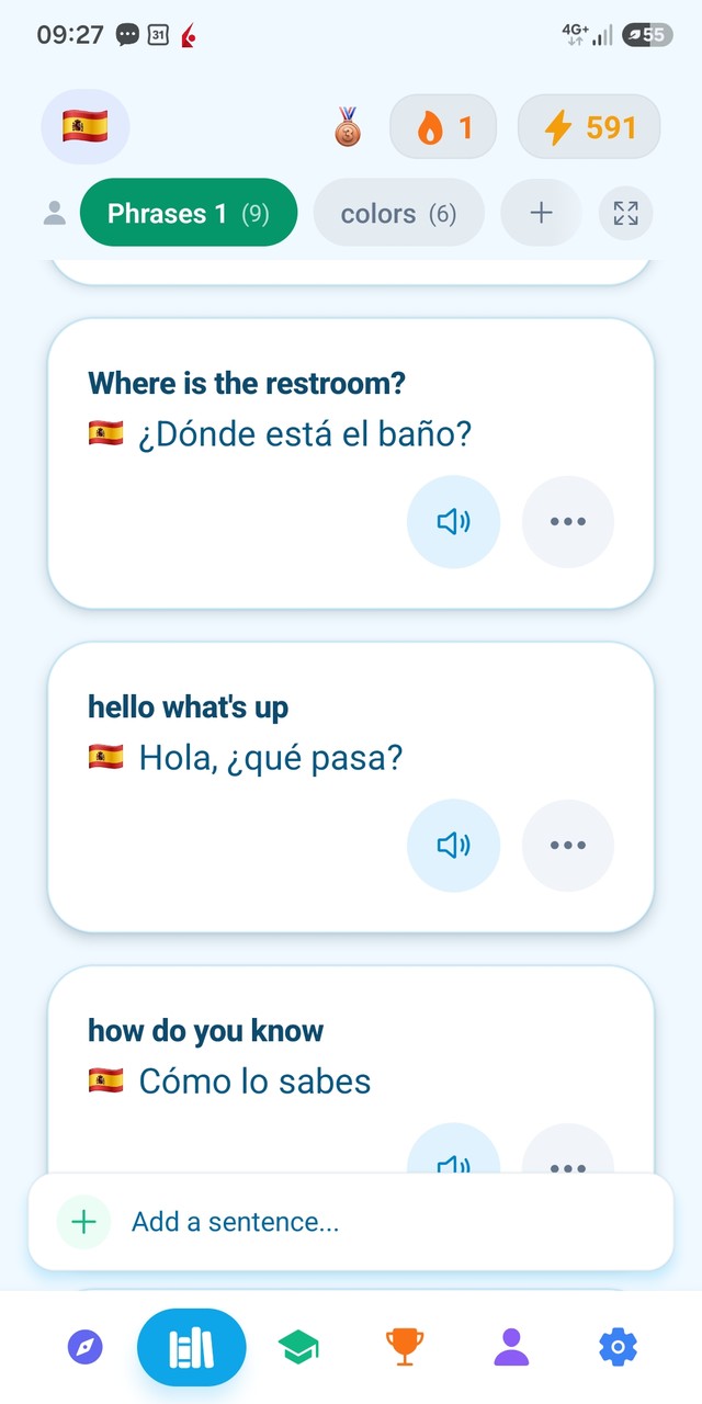 The PhrasiGo phrasebook, showing saved Spanish phrases with audio buttons