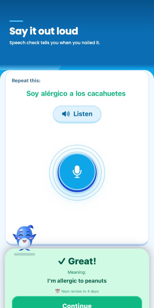Say it out loud — speech check tells you when you nailed it