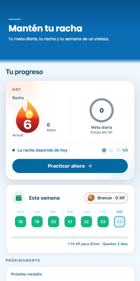 Mantén tu racha — tu meta diaria, tu racha y tu semana de un vistazo