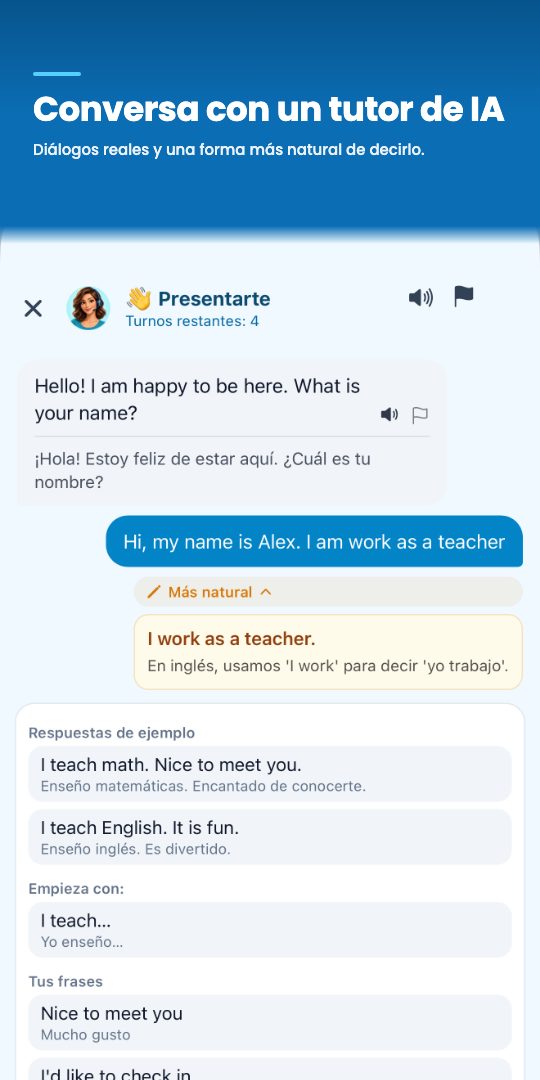 Conversa con un tutor de IA — diálogos reales y una forma más natural de decirlo