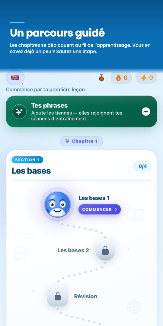 Un parcours guidé — les chapitres se débloquent au fil de l’apprentissage. Vous en savez déjà un peu ? Sautez une étape