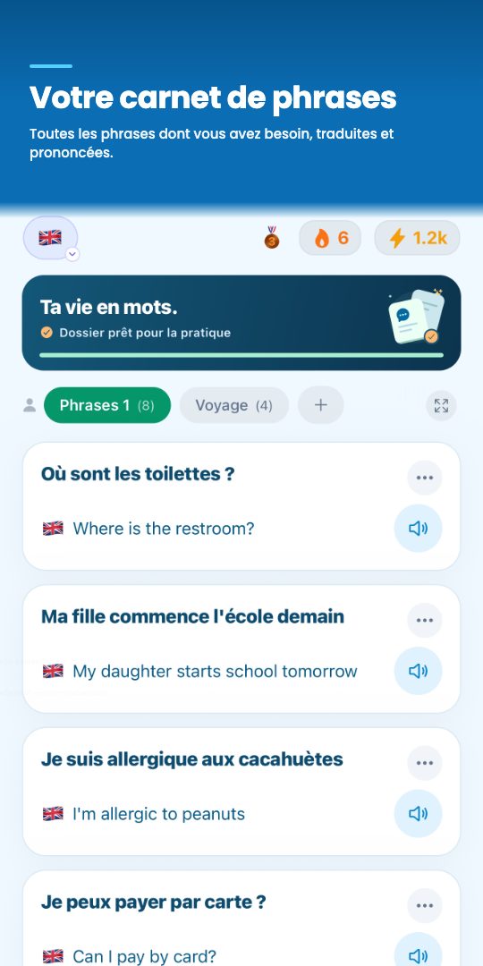 Votre carnet de phrases — toutes les phrases dont vous avez besoin, traduites et prononcées
