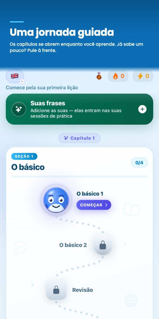 Uma jornada guiada — os capítulos se abrem enquanto você aprende. Já sabe um pouco? Pule à frente