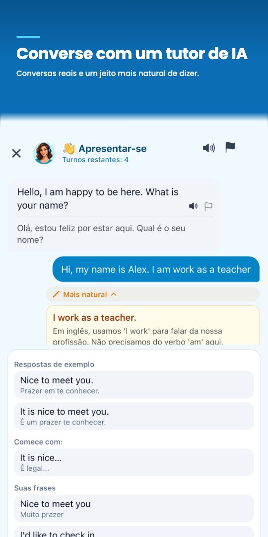 Converse com um tutor de IA — conversas reais e um jeito mais natural de dizer