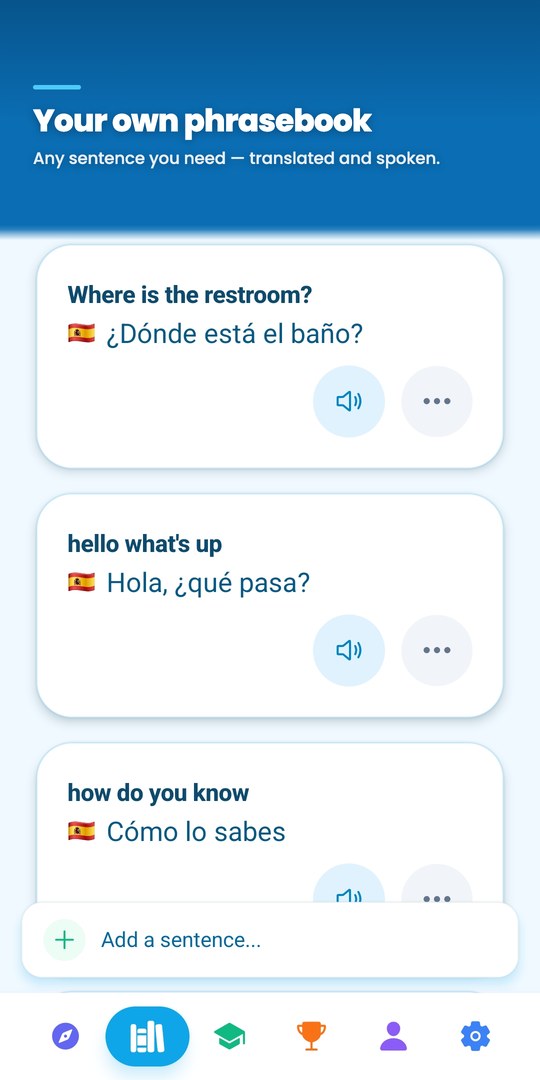 Your own phrasebook — any sentence, translated and spoken