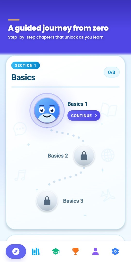 A guided journey from zero — step-by-step chapters that unlock as you learn